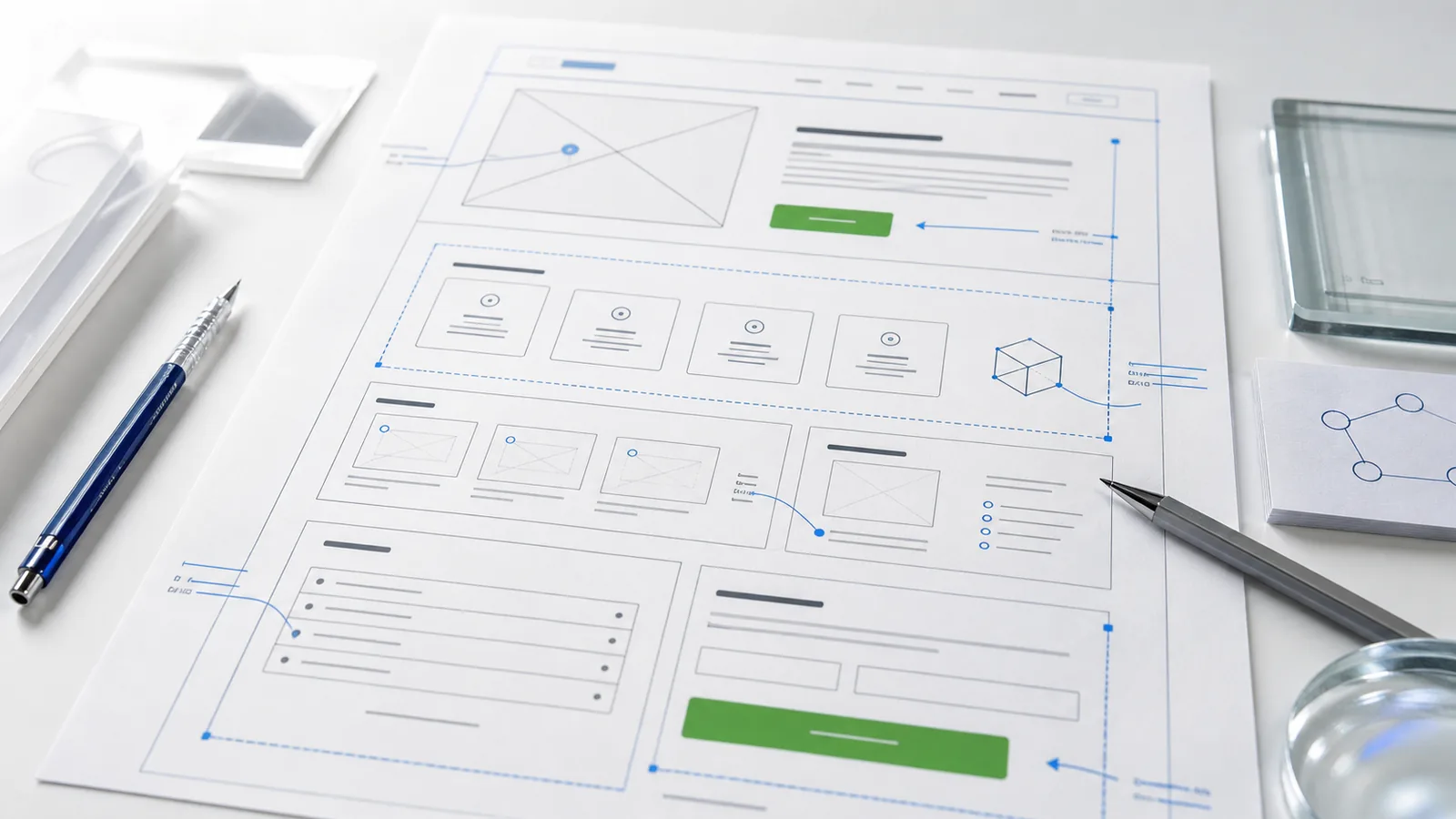 SEO Landingpage Wireframe mit Inhaltsblöcken, Trust-Bereich und Conversion-Elementen