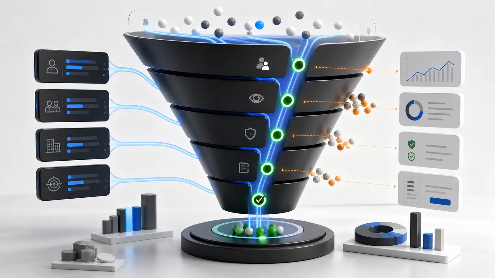 Conversion Funnel Analyse einer Unternehmenswebsite mit Kontaktpunkten und Abbruchstellen