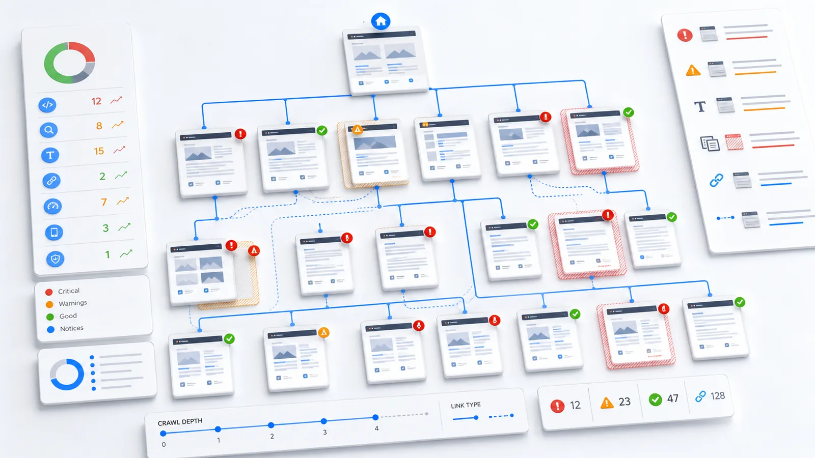 SEO Audit einer Website mit Seitenstruktur und Fehler-Markierungen