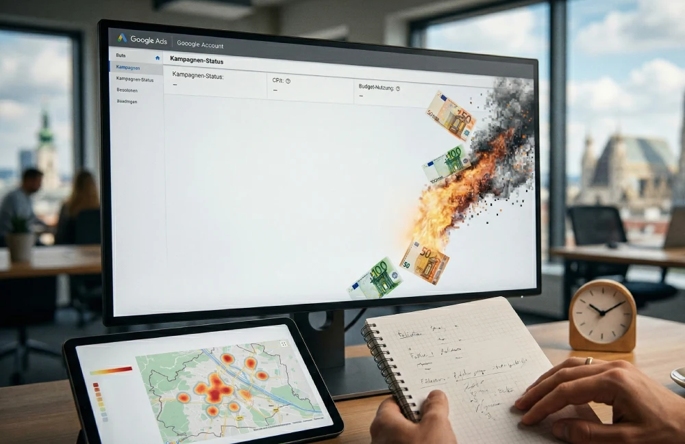 Analyse eines Google Ads Dashboards mit Kosten, Klicks und Conversion-Daten