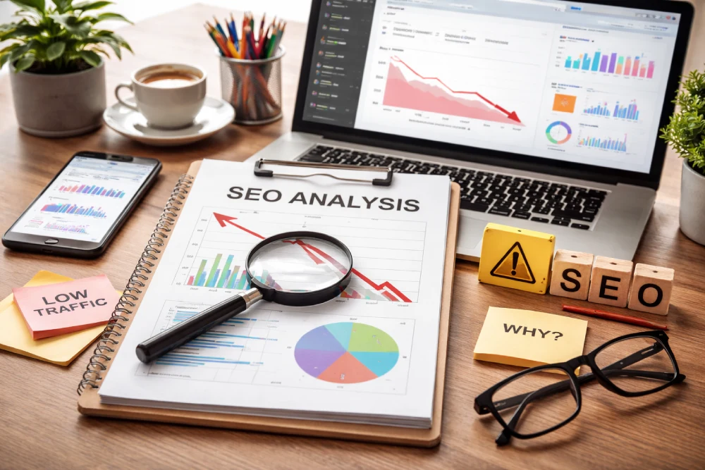 Website mit schwachen Google Rankings und fehlender Sichtbarkeit in der Suche